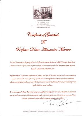 Certificate of Gratitude della Gonzaga University Wambli Gleska